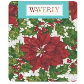 Waverly Big Mistletoe Fabric Christmas Tablecloth - Bold Cottage Poinsettia Holly and Berries Holiday Tablecloth, 52" x 52" Square