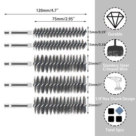 Stainless Steel Bore Brush for Power Drill 5PCS ,15mm/25mm Wire Brush Bore Cleaning Brush Set for Metal Copper Tube Cleaning, Abrasive Wire Brush with 1/4" Hex Shank