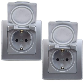 DELPHI Socket IP44 with Protection Lid Flush-Mounted Wet Room Rubber Seal Grey Silver
