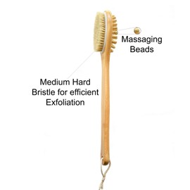 Speed Savings Bath Brush Long Handle for Shower Exfoliating-Wet and Dry Body Brushing - 17in Long Bamboo Handle - Round Exfoliator with massaging beads