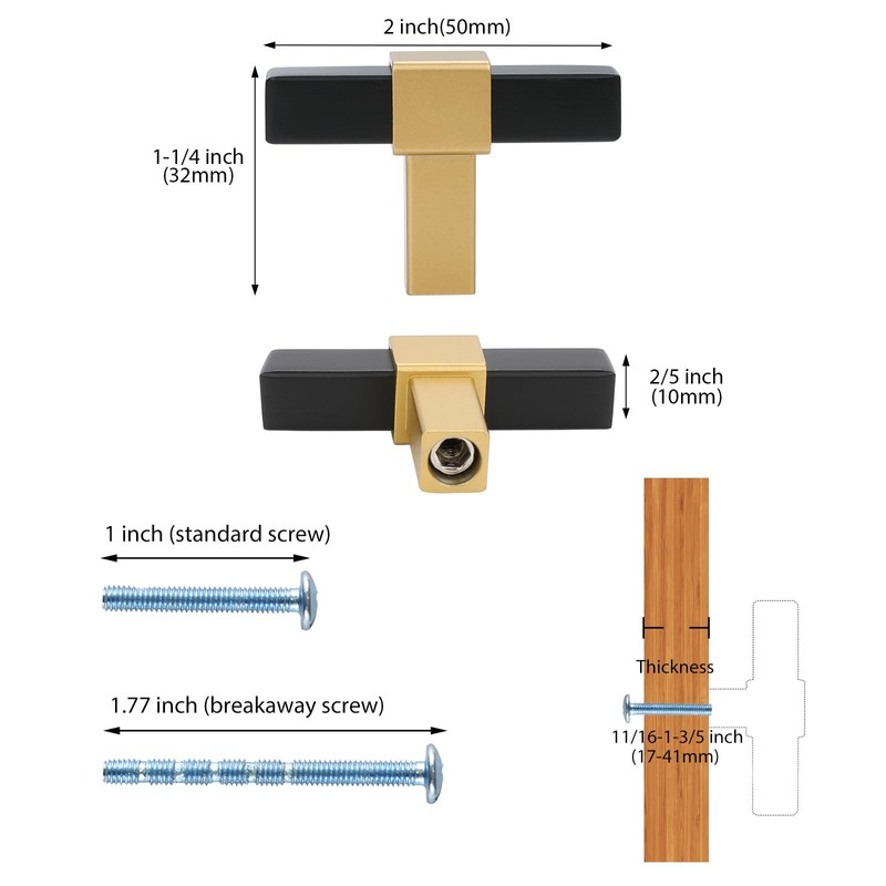 Haliwu 6 Pack/Black&Gold Cabinet Knobs, Knurled Cabinet Knobs T-bar Knobs,