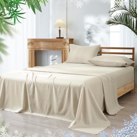 PHF Cooling Sheets Set Twin Size, Rayon Derived from Bamboo & Polyester, Breathable & Wrinkle Free Silky Soft Bedding Sheets, Wider Elastic Band, 16" Deep Pocket Bedding Set & Pillowcase, Natural