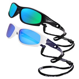 LIU·WEN Kids Sports Polarized Sunglasses - Flexible Youth Baseball Beach Sun Glass With Strap for Boys Girls Age 4-12(Black/Green Mirrored + White-Blue/Blue Mirrored)