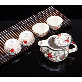 THY COLLECTIBLES Exquisite 5 PCS Flower & Birds Design Ceramic Tea Pot Tea Cups Set in Beautiful Color Gift Box