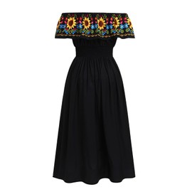 ABEHIK Traditional Mexican Dresses for Women Summer Off Shoulder Floral Sunflower Fiesta Party Long Maxi Dress Cinco de Mayo Outfit Shirred Waist Casual Beach Holiday Clothes Black L