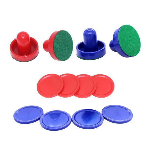 4 Pcs Air Hockey Pushers with 8 Pcs Air Hockey Pucks Air Hockey Paddles Goal Handles Paddles Replacement Accessories for Game Tables Red Blue