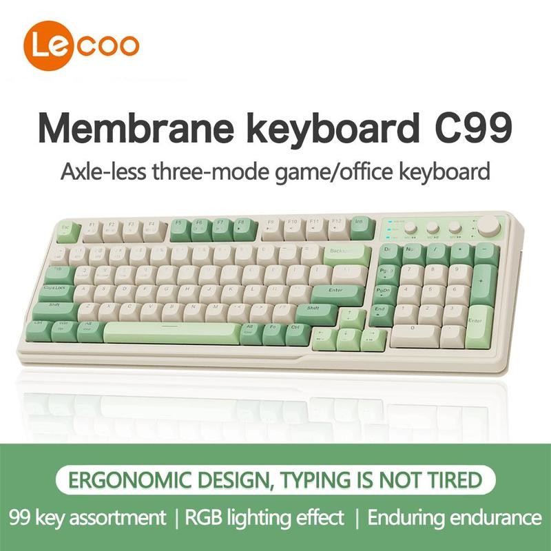Lecoo C99 Keyboard, Wired/2.4G Wireless/BT Tri-mode Keyboard, Rechargeable Ergonomic Keyboard