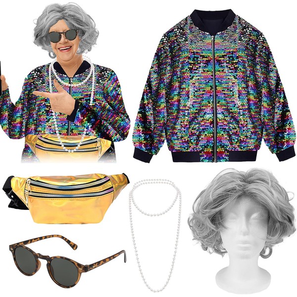 5 Pack Grey Old Lady Wig Granny Glasses Sequin Long