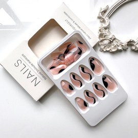 Almond Press on Nails Medium Length Fake Nails Full Cover French Tip False Nails with Black White Swirls Designs Glossy Nude Artificial Acrylic Nails for Women and Girls Summer DIY Nail Manicure