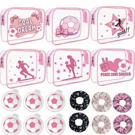 Pink - Regalos de fútbol para mujer, 12 bolsas de cosméticos de fútbol rosa, bolsas de cosméticos a granel, regalos de equipo deportivo, Rosado y blanco, Makeup Bag: 8 x 6 x 2.36 Inches