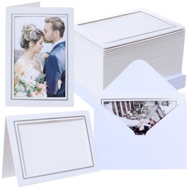 Litpoetic Photo Frame Cards 4x6 with Envelopes,Blank Photo Card Holder and Envelopes,Paper Picture Frame Notecards for 4x6 Photo Inserts (White with Silver Border, 100 Pack)