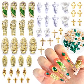 San Judas Virgin Mary Cross 3D Nail Charms Angel Gold Alloy Metal Rhinestones for Acrylic Nail Art Religious Gems Jewels Vintage Manicure Accessories Decoration Supplie (Gold, White, Green, Champagne)