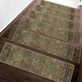 sarben Non Slip Stair Treads for Wooden Steps 15PCS - 8"x30" Indoor Safety Carpet, Edging Mats with TPE Adhesive Backing, Pet and Elderly Friendly Stair Rugs (Olive/Brown)