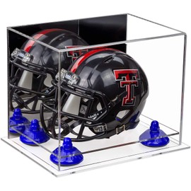 Better Display Cases Acrylic Mini - Miniature Football Helmet (not Full Size) Display Case with Mirror, Navy Blue Risers and Clear Base (V45/A003)