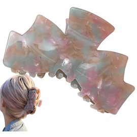 Wenlly bowknot hair claw, 3.54 Inch cellulose acetate hair jaw clip, non-slip marble texture hair barrette hair accessories, 1 piece, blue pink