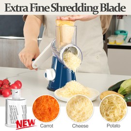 Cambom Rotary Cheese Grater Hand Crank Cheese Shredder for Fresh Cheese, Vegetable, Nuts,Non-slip Suction Base, Five Blades, Dark Blue