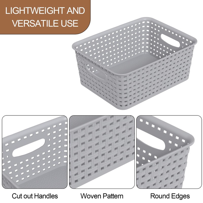Knifefish 6-Pack Plastic Woven Baskets, Rectangular Rattan Basket for Organizer