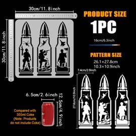 FINGERINSPIRE Bullets Soldiers Stencil 30x30cm Soldier Silhouette Template with Paint Brush Reusable Helicopter Fighter Jets Stencil Battlefields Tree Grass Template Military Theme Stencil