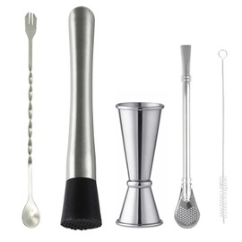 NIYATA 5Pcs Cocktail Muddler and Spoon Set,Cocktail Muddler and Jigger,Stainless Steel Cocktail Muddler,with 1 Mixing Spoon,1 Measuring Jigger,1 Straw and 1 Cleaning Brush for Crafting Mojitos