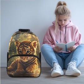 ELEDIZI Cute Tiger Backpack for Girls Boys Backpack with Lunch Box Water Bottle Carrier and Soft Pencil Case 4Pcs Set 17" Sturdy Bookbag with Compartments Large Capacity School Elementary Bag for Kids