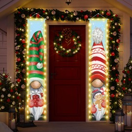 2 Pcs Gnomes Porch Signs Banner with LED String Merry Christmas Banners Lights Hanging Porch Signs Banner Xmas for Indoor Outdoor Home Garage Wall Holiday Party Welcome Sign Decorations