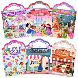 Cosomia 6 Set (260pcs) Puffy Sticker Books Activity for Girls, Fairytale Garden, Princess Party, Mermaid, Kids Zone, Girls' Shop, 3D Reusable Stickers, Travel Sticker Books for Kids Ages 3+