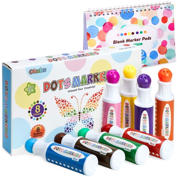 Dot Markers Kit, Ohuhu 8 Colors Paint Marker (40 ml, 1.41 oz.) with a Blank 30 Pages Marker Pad, Water-Based Non-Toxic Bingo Daubers for Kids Children (3 Ages +), Dot Art Markers Back to School Art