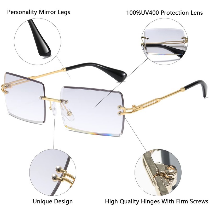 aisswzber Fashion Rimless Rectangle Sunglasses for Women Men Square Glasses