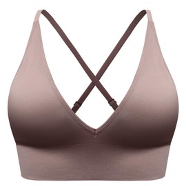 SUNSESS Sports Bras for Women Deep V Seamless Wirefree Removable Pads Comfort Sleep Bralette Workout Yoga Crop Top Bra (UK, Alpha, XL, Regular, Regular, Standard, Brown)