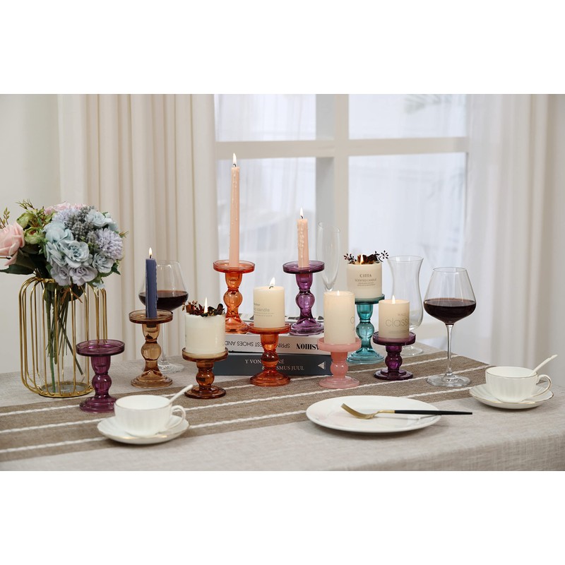 GMWD 3 Pcs Glass Candle Holder Set Clear, Purple Candlesticks