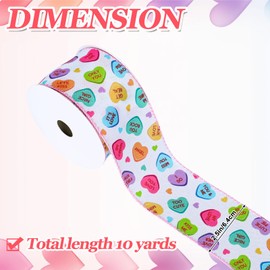 JarThenaAMCS Conversation Heart Wired Edge Candy Heart Fabric Craft Ribbon Valentine's Day Wired Ribbon for Gift Wrapping Floral Arrangement Wreath Bow DIY Crafts Decor, 10 Yards, 2.5 Inch