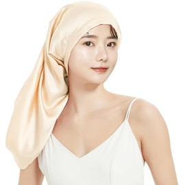Silk Night Cap 100% Silk Night Cap Silk for Long Hair Silk 6A Class Tubular Knot Ribbon Hair Cap Silk Cap for Sleeping Hair Care Sleeping Cap 60cm(Champagne)
