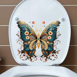 Vintage lace Butterfly Flower Toilet Cover Sticker Decals,Fish Bird Flower Leaf Waterproof Toilet Lid Tank Seat Decals Cistern Self-Adhesive Bathroom Wall Sticker