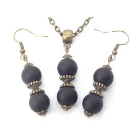 Set of Earrings and Necklace in Bronze with Pendant of Black Agate Beads and Tibetan Beads