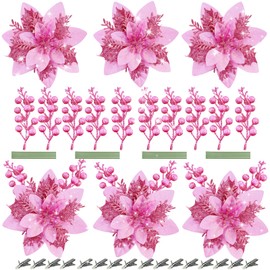FPMSQDY 20pcs Christmas Flowers and Berries, Glitter Poinsettia Pink Flowers with Clips Stems Christmas Decorations Flower Berries for Xmas Ornaments Wreath Holiday Home Decor