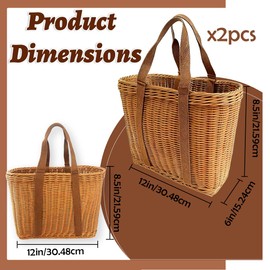 2 Pcs Plastic Wicker Shopping Basket with Handle12"x 8.5"x 6"Hand-Woven Plastic Picnic Basket Reusable Camping Market Basket for Groceries Organization Decor Camping Lightweight Wicker Tote