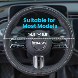 ESALFAUTO PU Leather Car Steering Wheel Cover - Car Interior Accessories for Men and Women-Universal 14.5-15.35 Inch Breathable and Non-Slip Steering Wheel Cover Black with Silver Trim