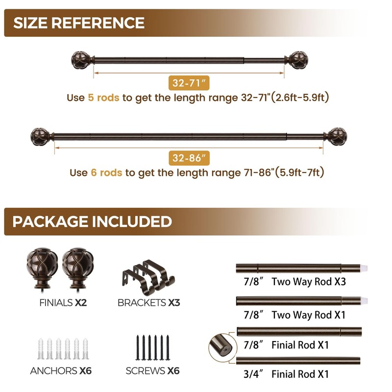KAMANINA Curtain Rods for Windows 48 to 84 Inch, Antique