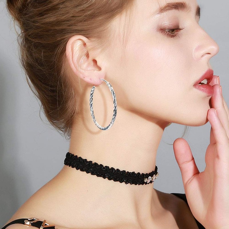 Creole Earrings Women's 925 Sterling Silver Diamond Cut Round Hoop