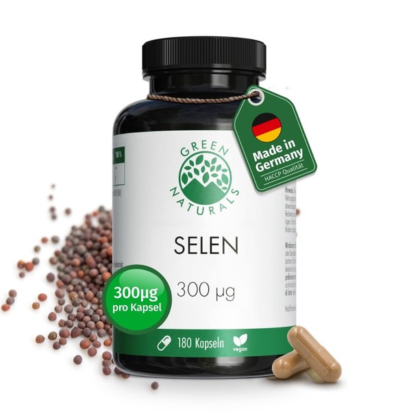 Selenium | High Dose 300 μg per Capsule Made of Black Mustard Extract | 180 Capsules | 6 Months Supply | 100% Vegan & No Additives | Green Naturals®