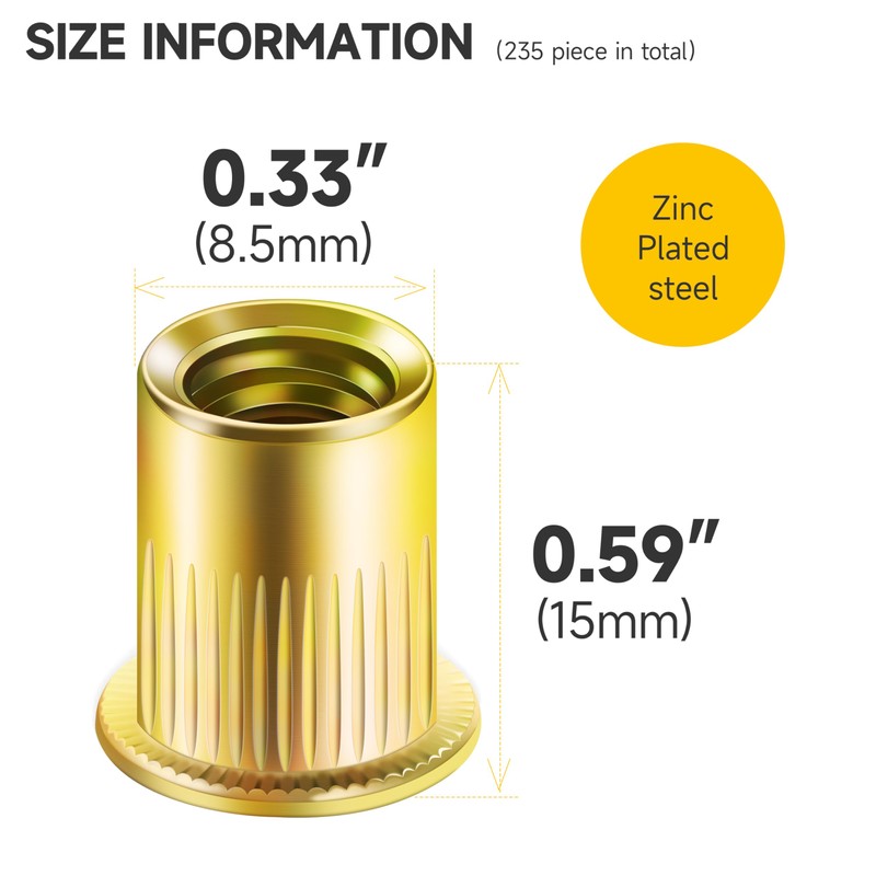 Mywish 200Pcs 1/4-20 Rivet Nuts, Yellow-Zinc Carbon Steel Flat Head