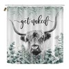SKAILIÉ 4PCS Highland Cow Shower Curtain Set with Rugs, Green