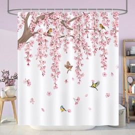 COZZSNUGE Pink Cherry Blossom Shower Curtain, Japanese Sakura Floral Birds Shower Curtain Waterproof Polyester for Bathroom with 12 Hooks, 72 x 72 Inches