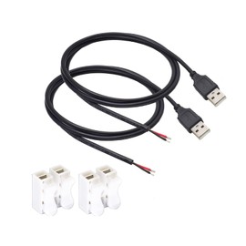 2pcs 1M/3.3Ft 20AWG USB 2.0 Male Plug 2pin Wire DIY Pigtail Cable 5V 5A Black USB Power Cable