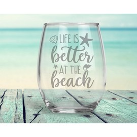 Life is Better at the Beach | Wine Glass Birthday Gift | Funny Stemless Glass | Tropical Bar Theme | Bridal Wedding Shower | Housewarming Christmas Gifts | Kitchen Decor Decorations | Beach Lover Gift