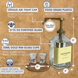 eBun 37oz Large Mouthwash Dispenser for Bathroom - Mouthwash Pump Dispenser, Glass Mouthwash Dispenser with Cups, Mouthwash Bottle Glass Dispenser, Mouth Wash Container for Bathroom (Gold)