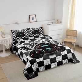Feelyou Race Car Comforter Set Twin Size Kids Race Checkered Sport Comforter for Boys Girls Teens Buffalo Plaid Extreme Sports Theme Bedding Set Cool Speed Quilt Set