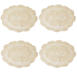 kilofly Crochet Cotton Lace Placemats Doilies 4pc, Oval, Beige, 12 x 17 inch