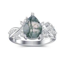 VONALA Moss Agate Ring 925 Sterling Silver Teardrop Aquatic Green Agate Rings Size 7 Leaf Promise Engagement Ring Wedding Jewellery Gifts for Women Her Wife