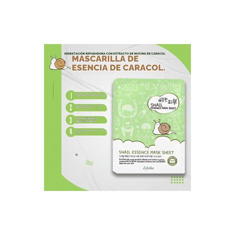 Esfolio Pure Skin Mask Box, Snail Essence, 11.8 Ounce